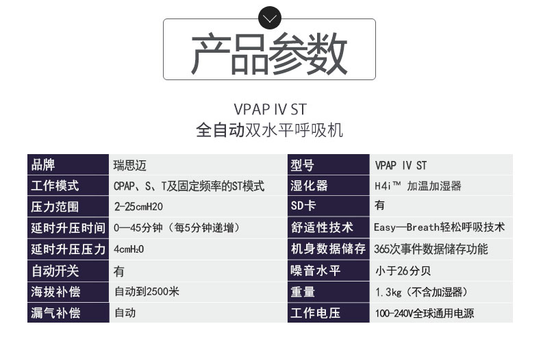 瑞思邁呼吸機(jī)VPAP IV ST 全自動雙水平 有效治療慢阻肺/肺心病/呼吸功能不全  產(chǎn)品參數(shù)